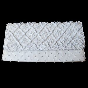 Vntg Satin Ivory Beaded Clutch. Handmade in Hong Kong. Wedding Event Formal